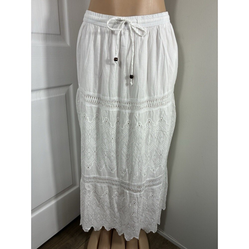 NEW Dress Naoo Womens Maxi Skirt Sz M White Eyelet Lace Embroidered Tiered Boho